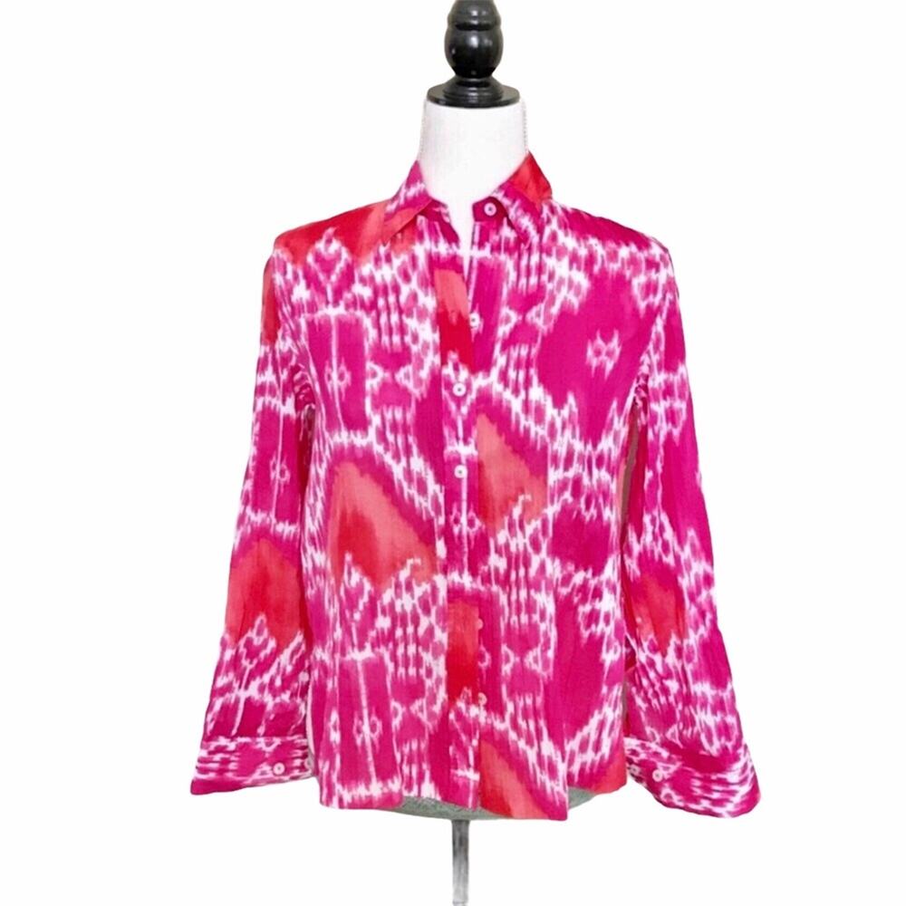 Jones of NY Blouse Fuchsia Pink & White 100% Cotton Button Down Top